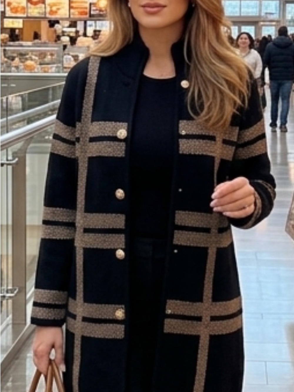 Anne Klein Black Coat with Tan Grid Trim